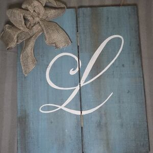 Rustic Blue Wooden Wall Art with Burlap Bow Monogrammed Initial L